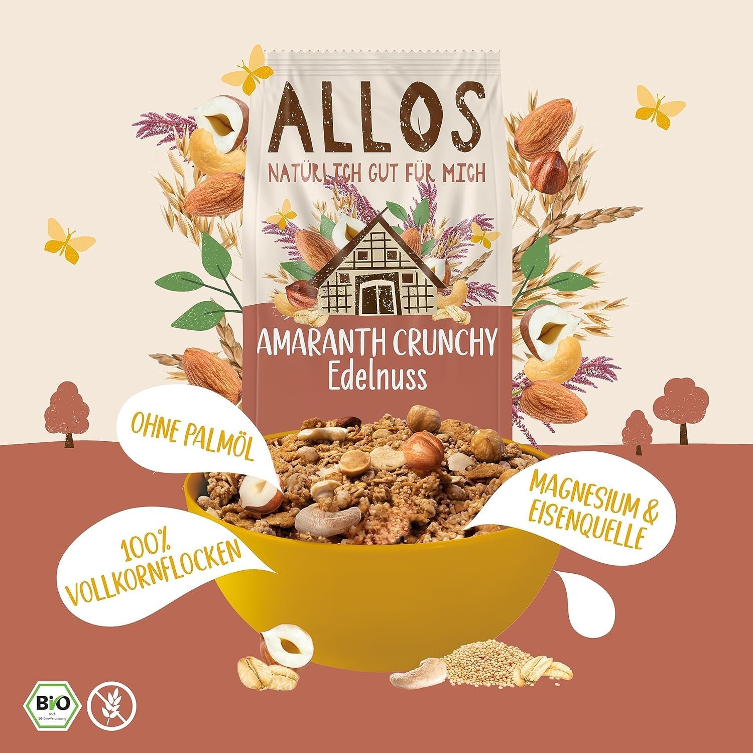 Premium-Knuspermüsli mit Walnüssen und Amaranth Allos | Bio-Müsli | Müsli mit Nüssen | Haferflocken | Müsli zum Frühstück | Vegan | 6er-Pack (6 x 400 g)