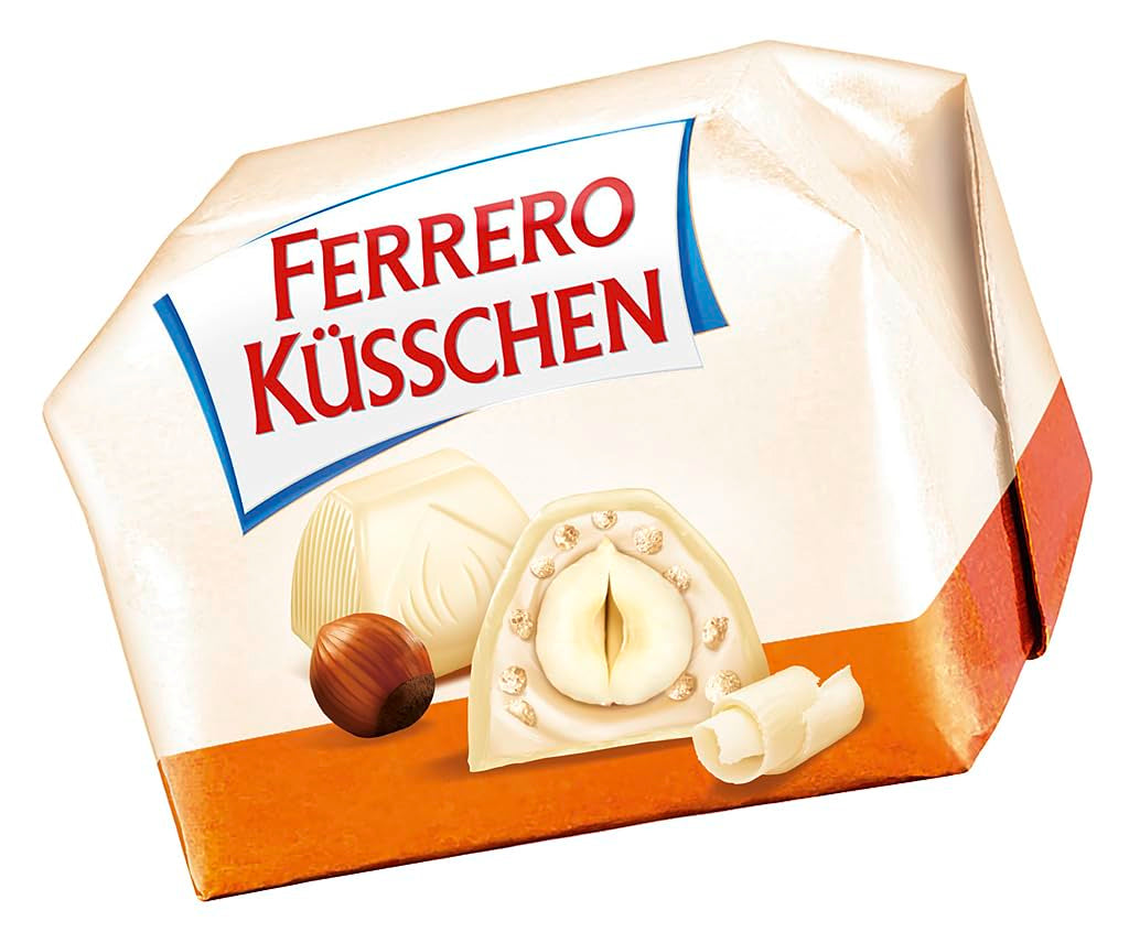 Ferrero Küsschen White Crispy – Valentinstagsgeschenk für Sie und Ihn – Knusprig geröstete Haselnüsse in heller Creme mit knusprigen Chips, umhüllt von weißer Schokolade, 1 Packung mit 20 einzelnen Pralinen