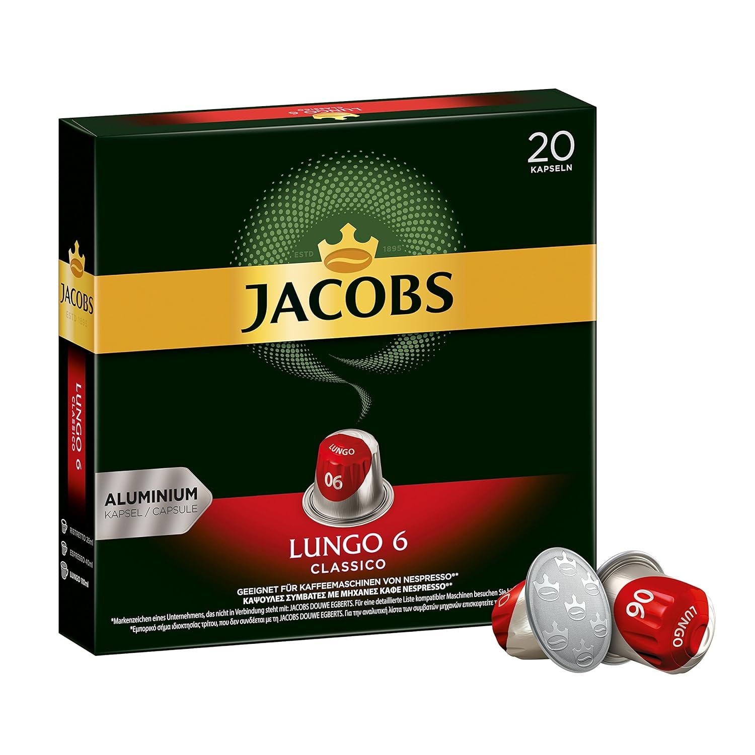 Kaffeekapseln Lungo Classico, Intensität 6 von 12, 10 x 20 Getränke & Kaffeekapseln Espresso Intenso, Intensität 10 von 12, 200 Nespresso®* kompatible Kapseln, 10 x 20 Getränke