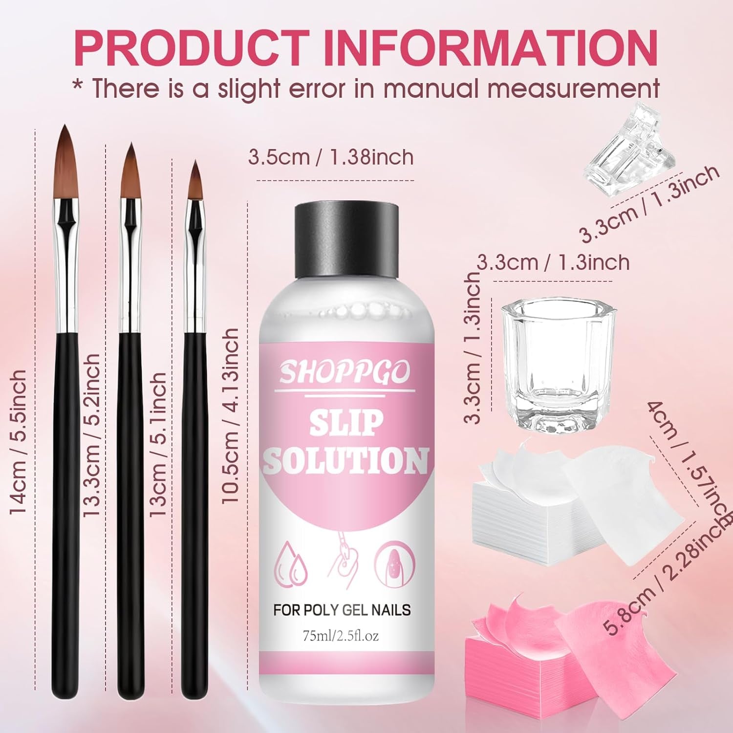 Soluție de îndreptare Polygel, Kit pentru unghii Polygel Slip Solution, Soluție de îndreptare 75 ml, Include 5 cleme pentru vârfuri de unghii, 3 perii de unghii, 1 cupă de cristal, 100 foi de curățare