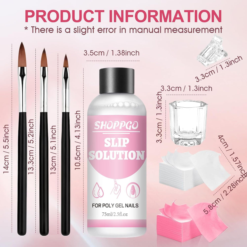 Soluție de îndreptare Polygel, Kit pentru unghii Polygel Slip Solution, Soluție de îndreptare 75 ml, Include 5 cleme pentru vârfuri de unghii, 3 perii de unghii, 1 cupă de cristal, 100 foi de curățare