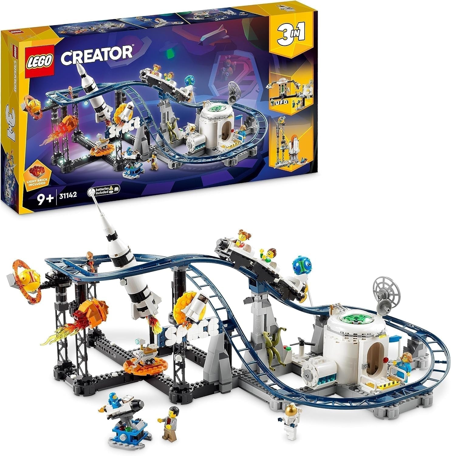 LEGO 31142 Creator 3-in-1-Weltraum-Achterbahn-Spielzeugset für Kleinkinder mit funktionellen Wagen, lässt sich in einen Freifallturm oder ein Karussell mit Raketen und leuchtenden Steinen umwandeln. Bausätze Besuchen Sie den LEGO-Store Single