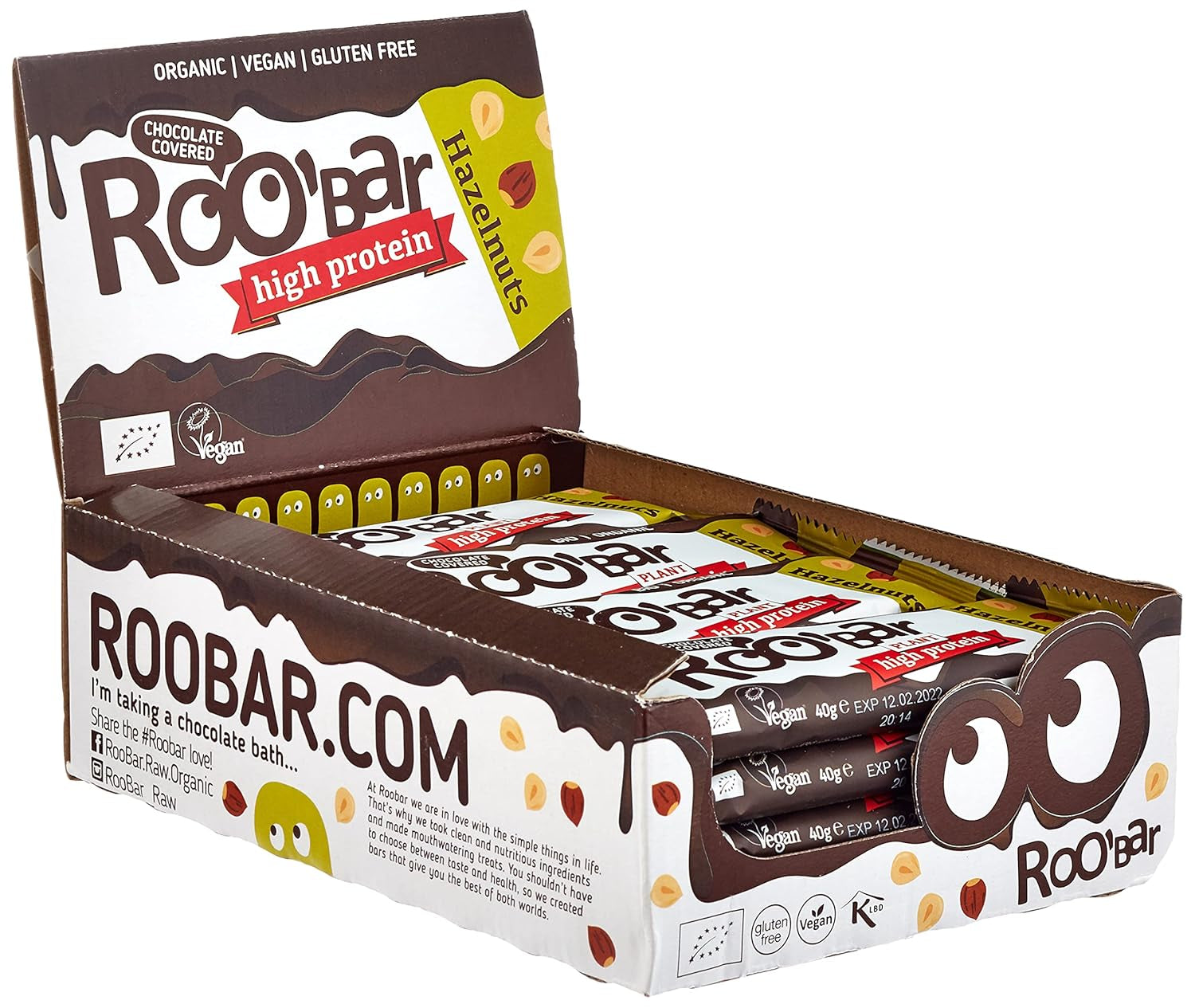 Proteinreiche, mit Schokolade glasierte Haselnussriegel – 100 % biologisch, vegan, Fruchtriegel, frei von Milchprodukten, glutenfrei, frei von raffiniertem Zucker – 16 Riegel x 40 g