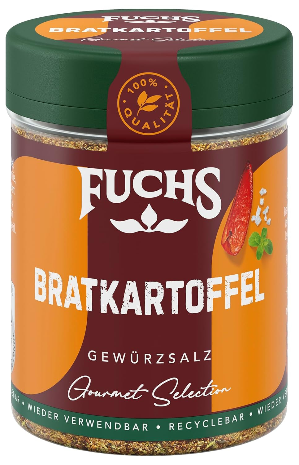 Fuchs Gourmet Selection Klassisch/Heimisch – Bratkartoffel Gewürzsalz, nachfüllbares Kartoffelgewürz, Salz zum Würzen von Brat- & Ofenkartoffeln, Pommes Frites & Co, vegan, 70 g