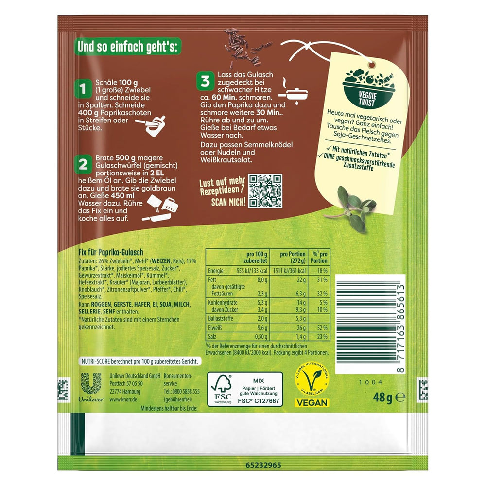 Knorr Fix Würzmischung Paprika-Gulasch für ein leckeres Fleischgericht mit natürlichen Zutaten 4 Portionen