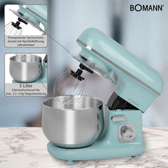 Bomann® Retro Küchenmaschine Zum Backen | Knetmaschine 5L | Stärkerer 1100-W-Motor | Teigmaschine inkl. Haken & Schneebesen | Retro Teigknetmaschine Spritzschutz Mit Nachfüllöffnung – KM 6030 CB Mint-Grün Mutter und Kind Naty Shop