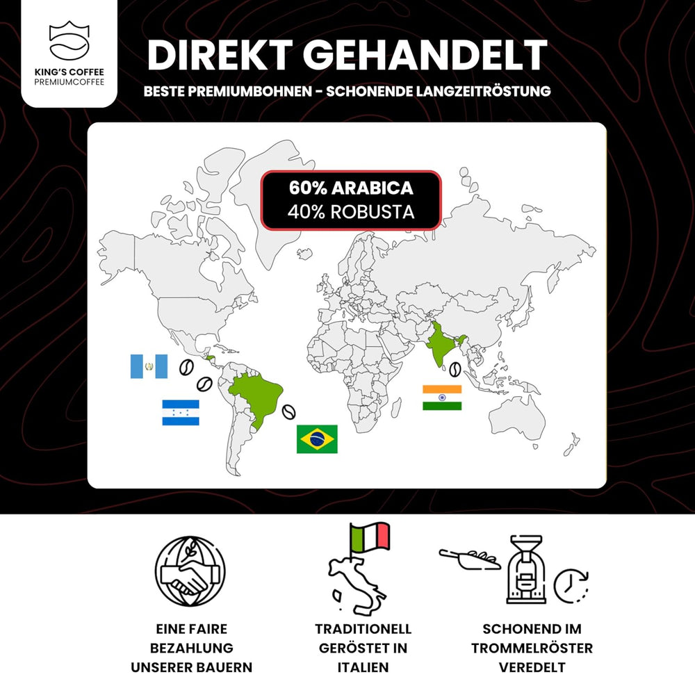 KING'S COFFEE - EDIȚIE NEAGRĂ - 1 kg Boabe de Cafea Crema Intense - Cafea cu Aciditate Scăzută - Prăjire în Loturi Mici din Italia - Boabe de Espresso Arabica Puternic (Amestec) pentru Aparate Complet Automate și Portafiltru