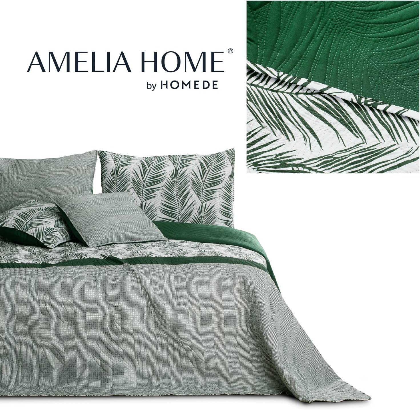 Ameliahome Tagesdecke, Tagesdecke, 170 x 210 cm, doppelseitig, pflegeleicht, Tagesdecke, Pflanzenmuster, grün, weiß, tropische Bonaire-Betten und Decken. Besuchen Sie den AmeliaHome-Store