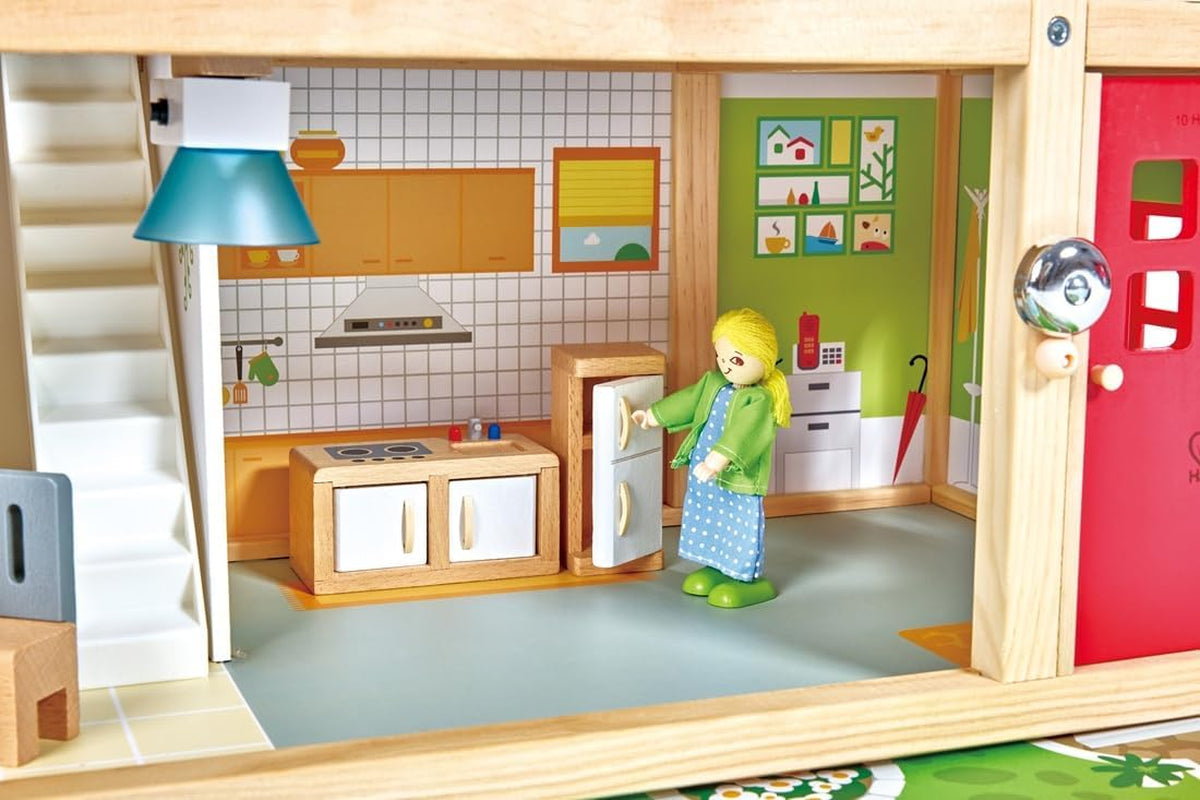 Casă de păpuși Hape Doll's Villa din lemn cu 10 camere, joc de rol creativ, inclusiv mobilier și accesorii, jucărie educativă, pentru copii de la 3 ani în sus