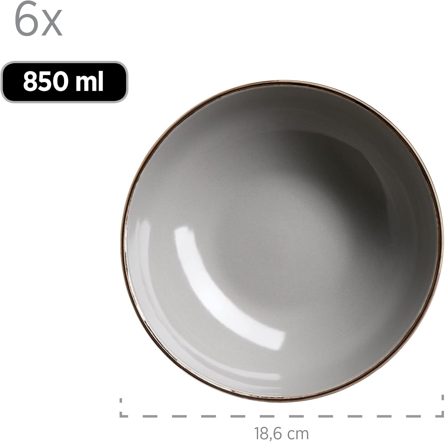 MÄSER Ramă metalică, Set de veselă modern pentru 6 persoane cu ramă de culoarea alamei, Serviciu combinat cu 24 de piese cu forme de cupe fără ramă, Gresie, Gri