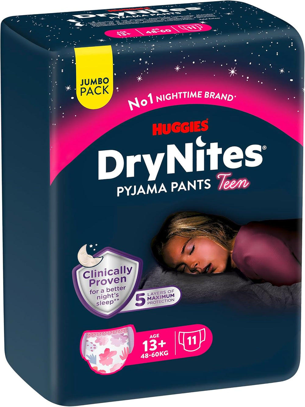 Huggies DryNites Windeln gegen Bettnässen bei Nacht für Mädchen im Alter von 13 bis ca. 17 Jahren (48–60 kg), 33 Stück (3 x 11), Jumbo-Monatspackung, XL-Windelhöschen