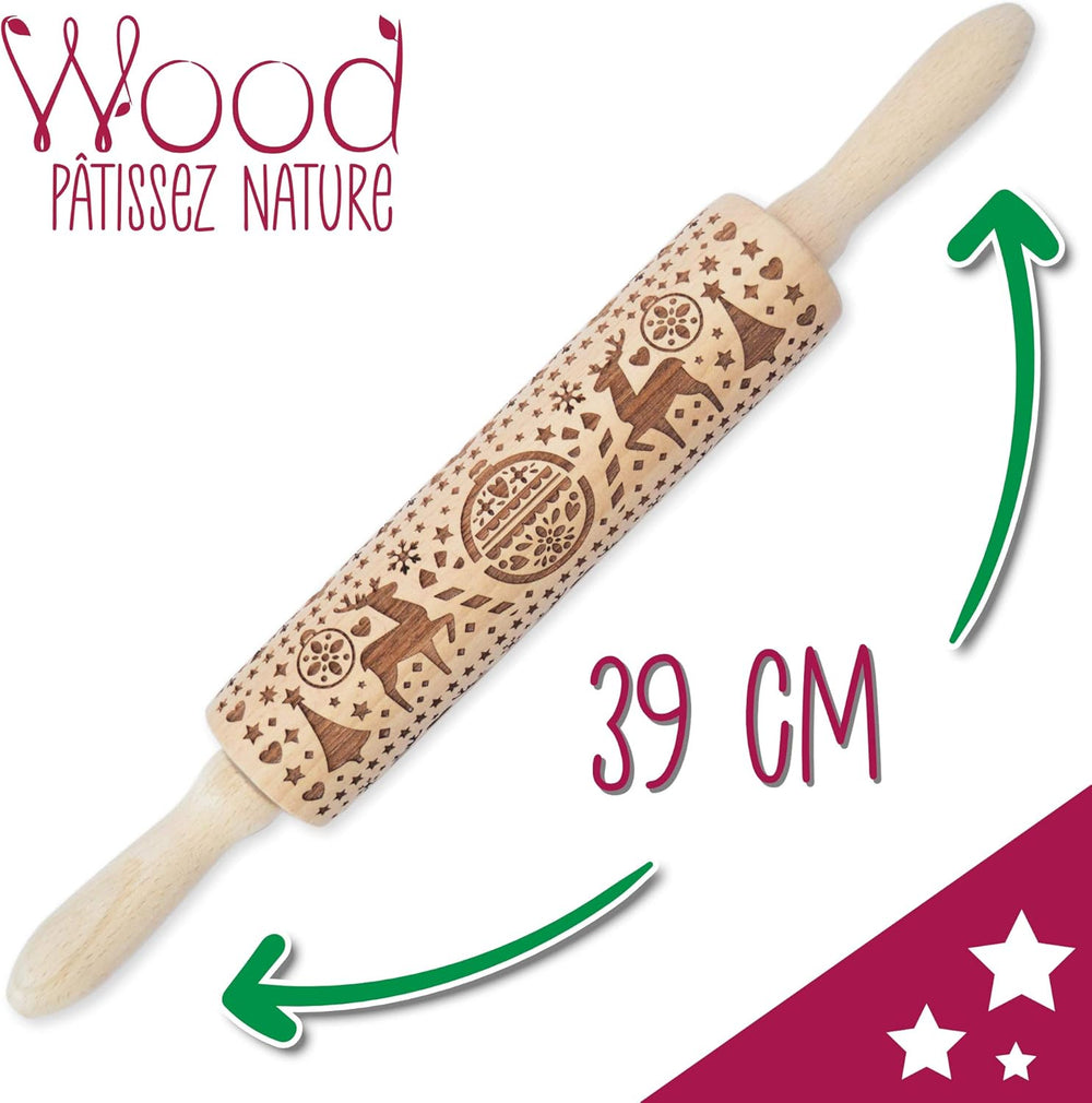 Scrap Cooking Teigrolle aus Holz „Xmas“ mit weihnachtlichen Motiven – Prägerolle mit gepfragten Verzierungen für Kekse – dekoratives Zubehör – 5242