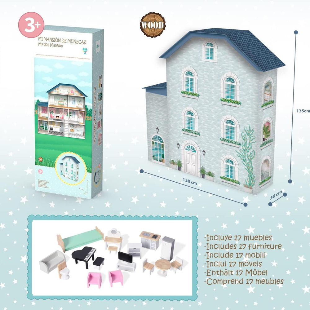 Deqube 913D00016 Casă de păpuși din lemn, 4 etaje, Premium