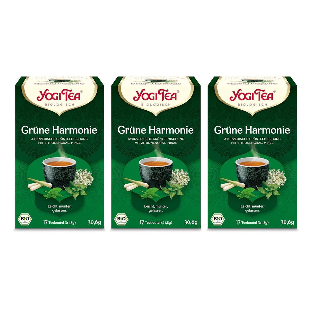 Yogi Tea - Armonie verde, ceai ayurvedic organic cu mirodenii și plante, amestec de ceai verde, lemongrass, mentă, Yogi Tea pachet de 3, 3X17 pliculețe (51 pliculețe de ceai în total), ideal ca cadou