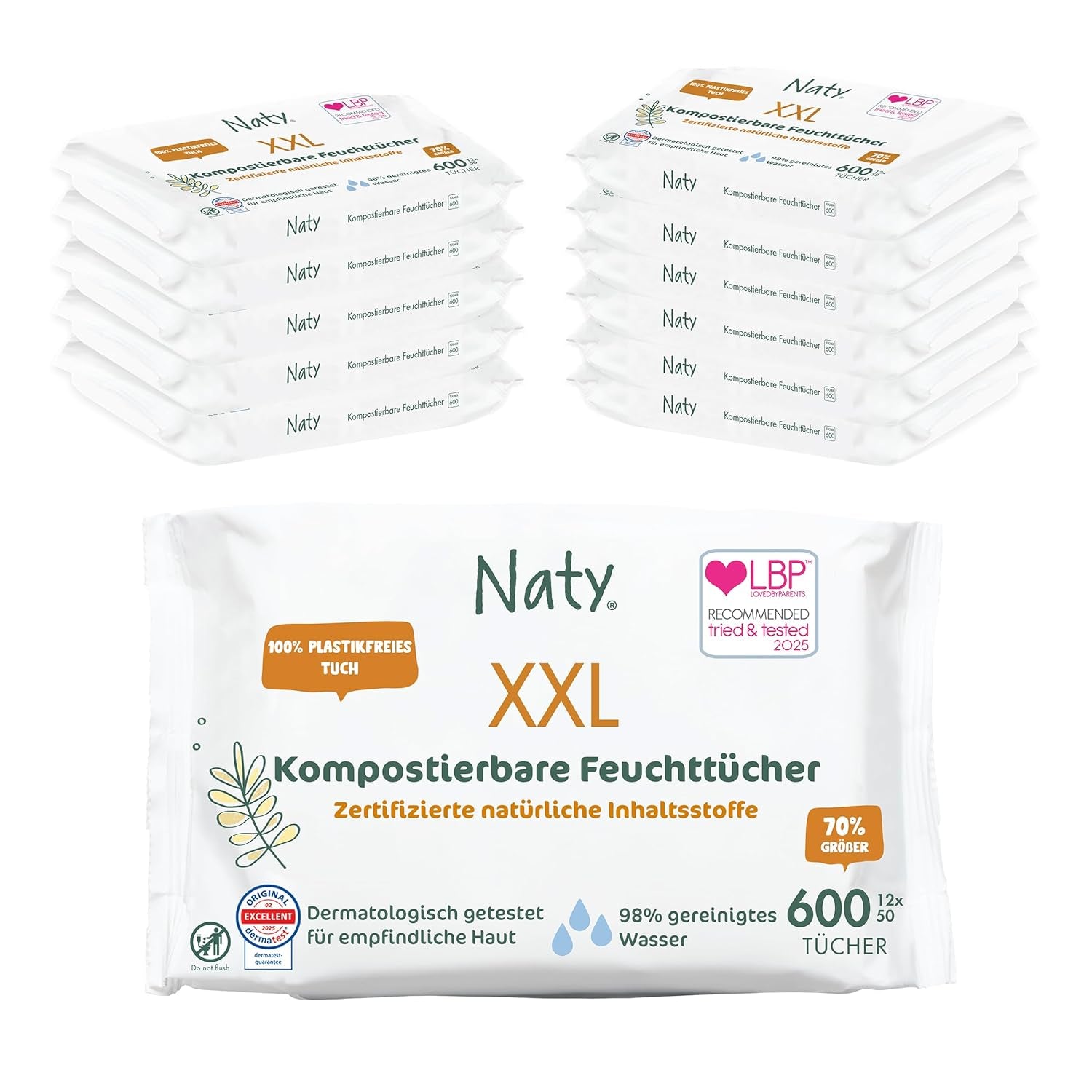 Naty Babytücher | 100 % frei von Kräutern und Duftstoffen für empfindliche Haut | Plastikfreie und zertifiziert kompostierbare Tücher mit 98 % gereinigtem Wasser | 672 Tücher (12 Packungen)