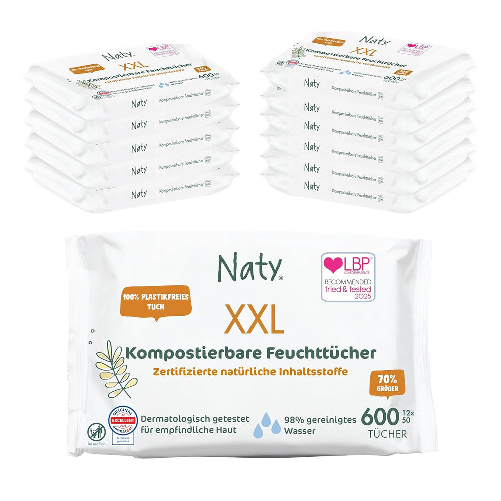 Naty Babytücher | 100 % frei von Kräutern und Duftstoffen für empfindliche Haut | Plastikfreie und zertifiziert kompostierbare Tücher mit 98 % gereinigtem Wasser | 672 Tücher (12 Packungen)