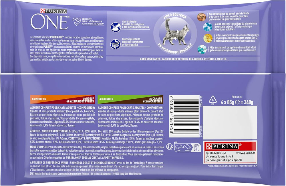 Purina One - Spezialfutter in Sauce Rind/Huhn/Ente und Truthahn für Katzen mit Appetit, 340 g