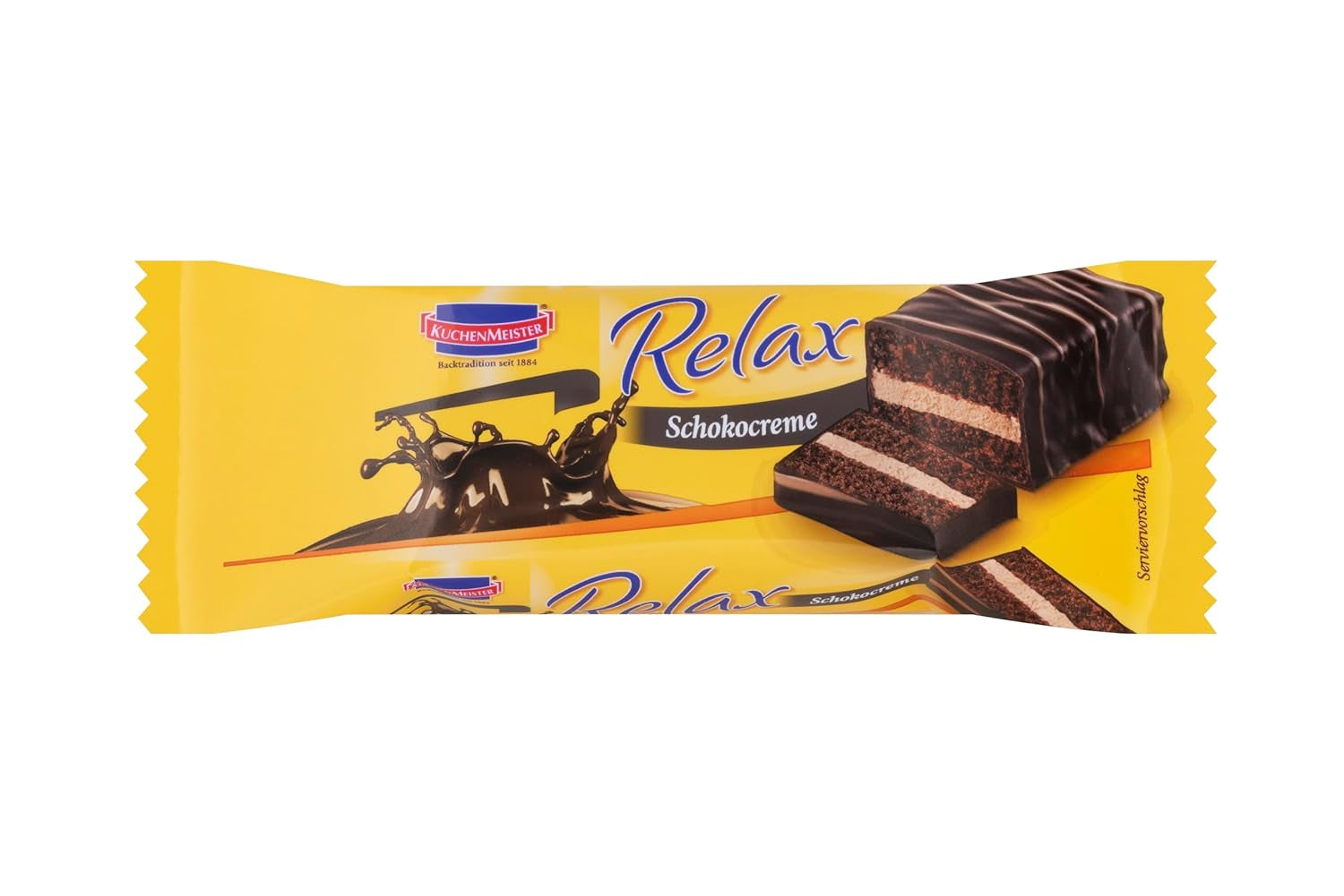 KuchenMeister Relax Kakaokuchenriegel 32g | Schokoladen-Biskuitkuchen | Zarte Füllung mit Kakaocreme | Dunkle Schokolade knusprig | Perfekter Snack für zwischendurch | 1 x Riegel 32g