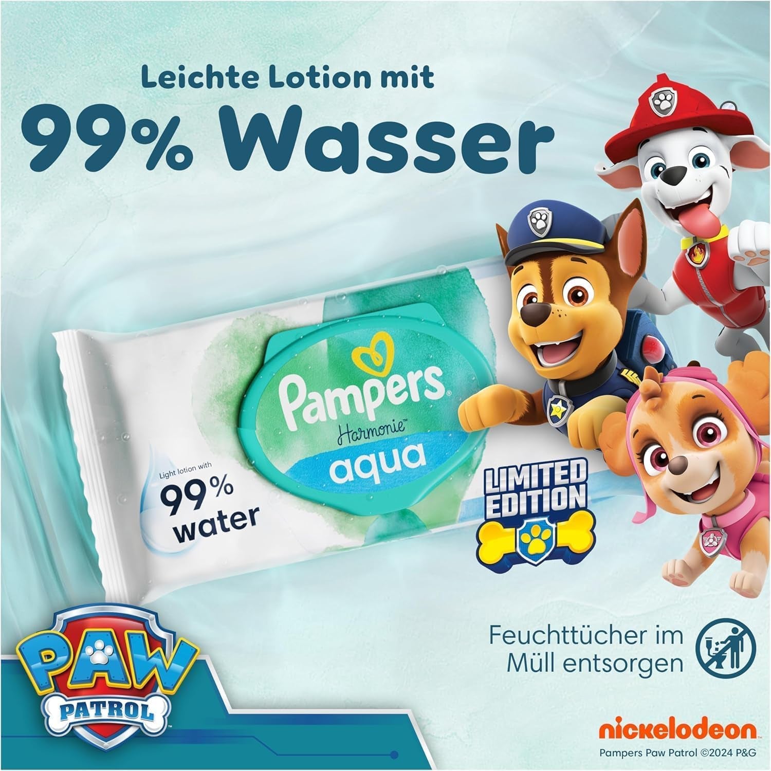 Pampers Harmony Aqua Baby Wipes Paw Patrol 15 Packung mit 48 Tüchern 720 Babyfeuchttücher helfen, den natürlichen pH-Wert der Haut wiederherzustellen. Leichte Lotion 99 % Wasser