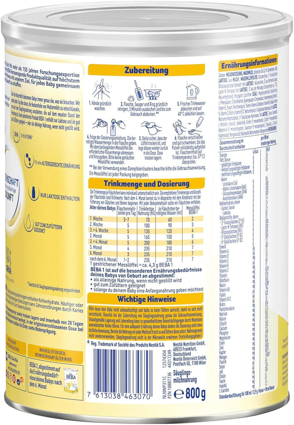 BABY 1 Anfangsmilch ab der Geburt, nur Laktose, ohne Palmöl, Packung 3 (3 x 800 g) Mutter und Kind Naty Shop