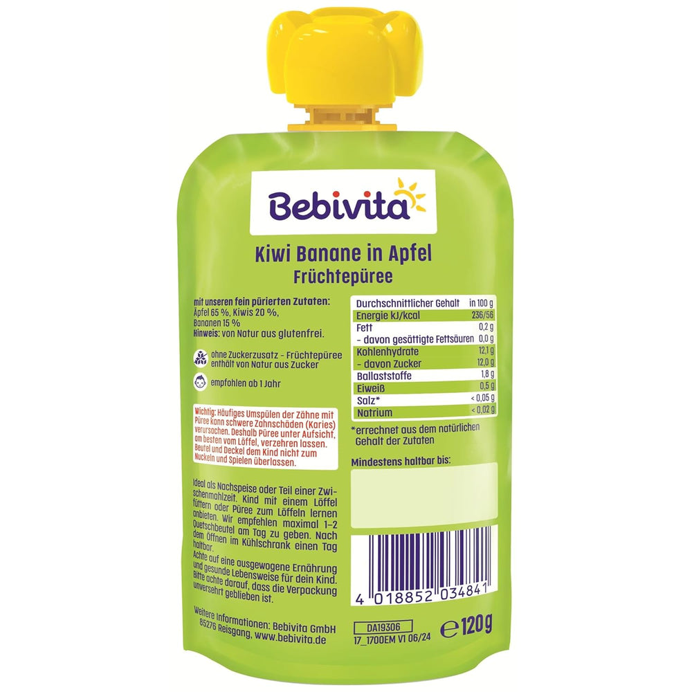 Kiwi-Bananen in Apfel-Quetschie (6 x 120g), ohne Zuckerzusatz, glutenfrei, ideal für unterwegs und selbständiges Snacken