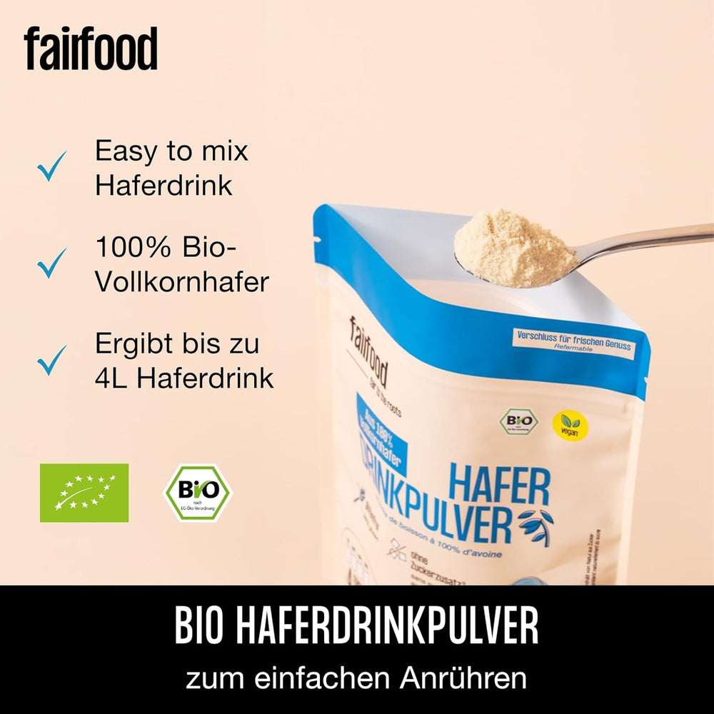 fairfood Bio Haferdrink Pulver 360g - nachhaltige Milchalternative - vegan, glutenfrei und ohne Öl - bis zu 4L Haferdrink - zum Selbermischen - 100% Bio-Vollkornhafer
