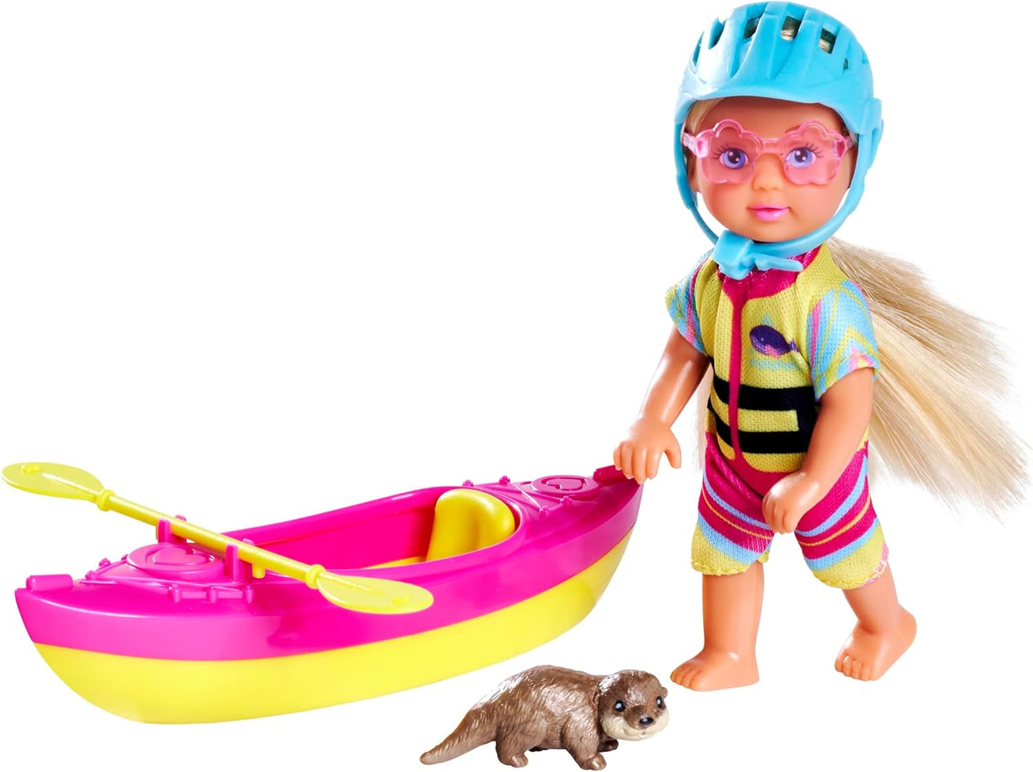 Simba Evi Love Kayak, Spielpuppe Macht eine Kajaktour, mit Passantenbekleidung, Helm, Paddel, Sonnenbrille und Otter, 12cm, ab 3 Jahren