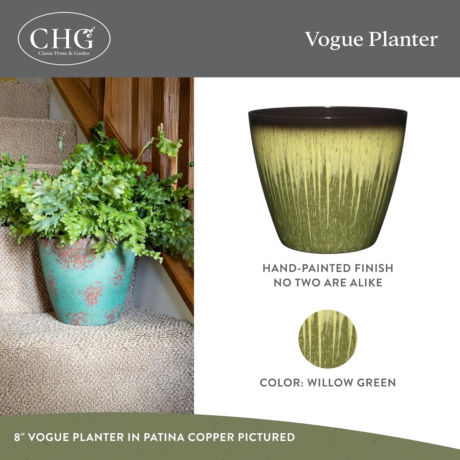 Ghivece de plante Vogue clasice pentru casă și grădină, cu finisaj ceramic de calitate, ghivece de flori moderne pentru utilizare în interior/exterior, jardiniere de verandă rezistente la UV, ghiveci decorativ pentru flori/ierburi (20,3 cm, verde salcie)