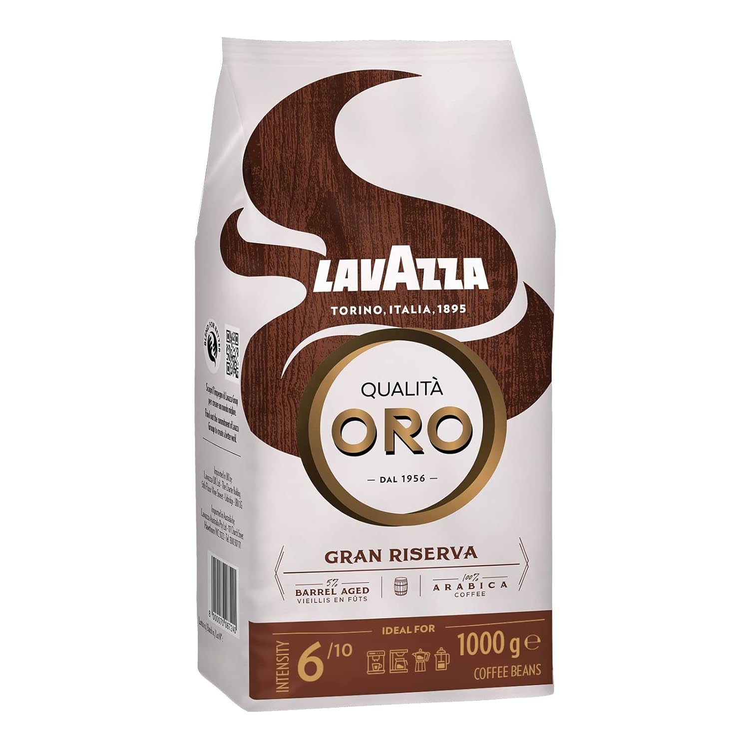 Lavazza, Crema E Aroma, boabe de cafea Arabica și Robusta, ideale pentru mașinile Espresso Cafea Naty Shop 1 Kg Qualità Oro - Gran Riserva