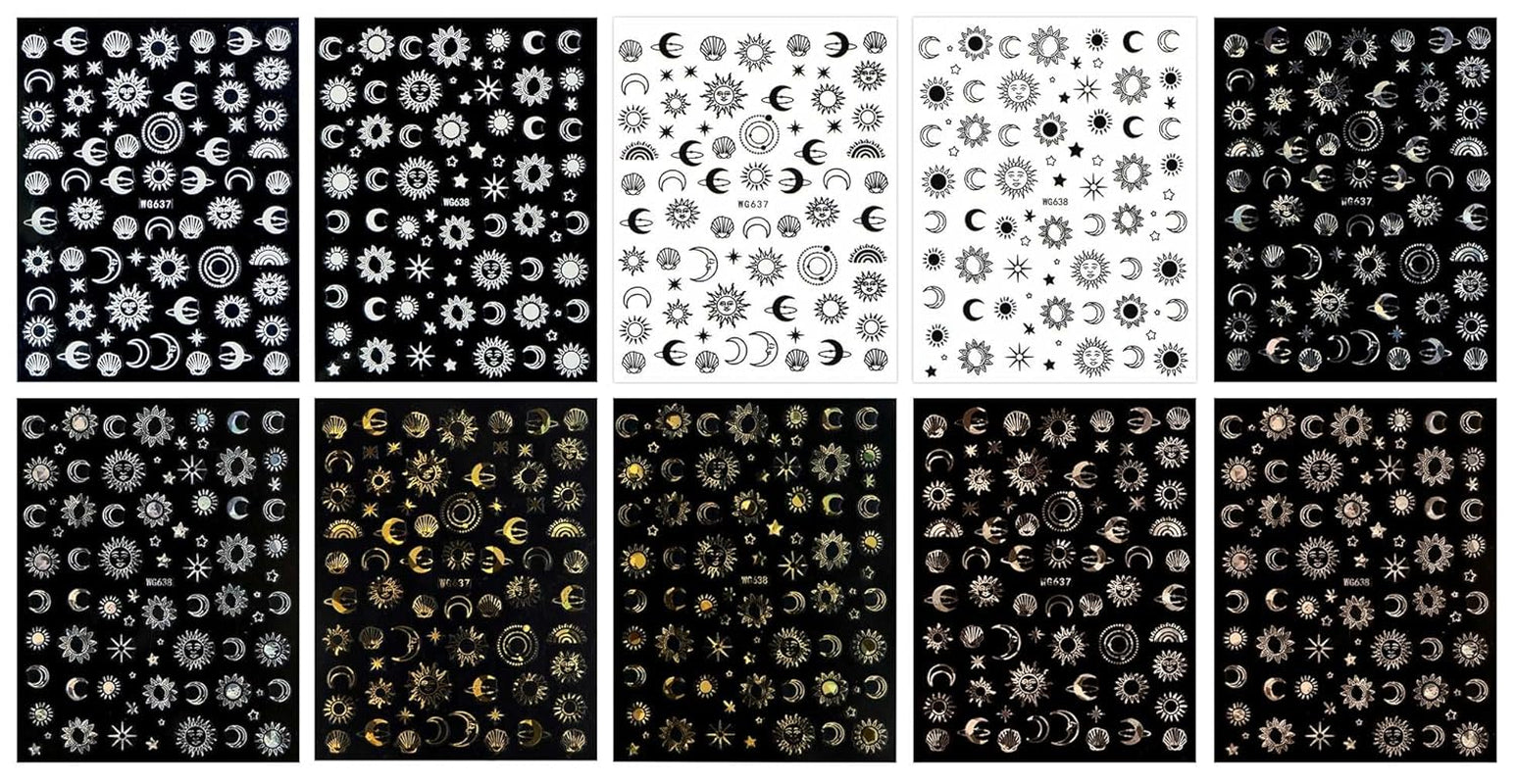 JMEOWIO Nagelsticker Mond Stern Sonne 10 Blatt Nail Art Sticker Selbstklebend Nagelaufkleber Bunt Dekoration Nageldesign Zubehör