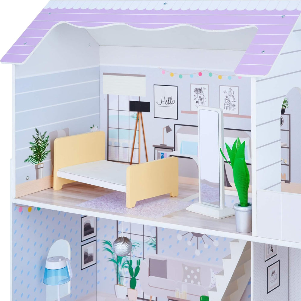 Teamson Kids Casa de păpuși gigantică Olivia's Little World cu 16 accesorii pentru păpuși, casă de păpuși din lemn cu mobilier, cu 3 etaje, casă de păpuși pentru copii de 30 cm, vârste 3+