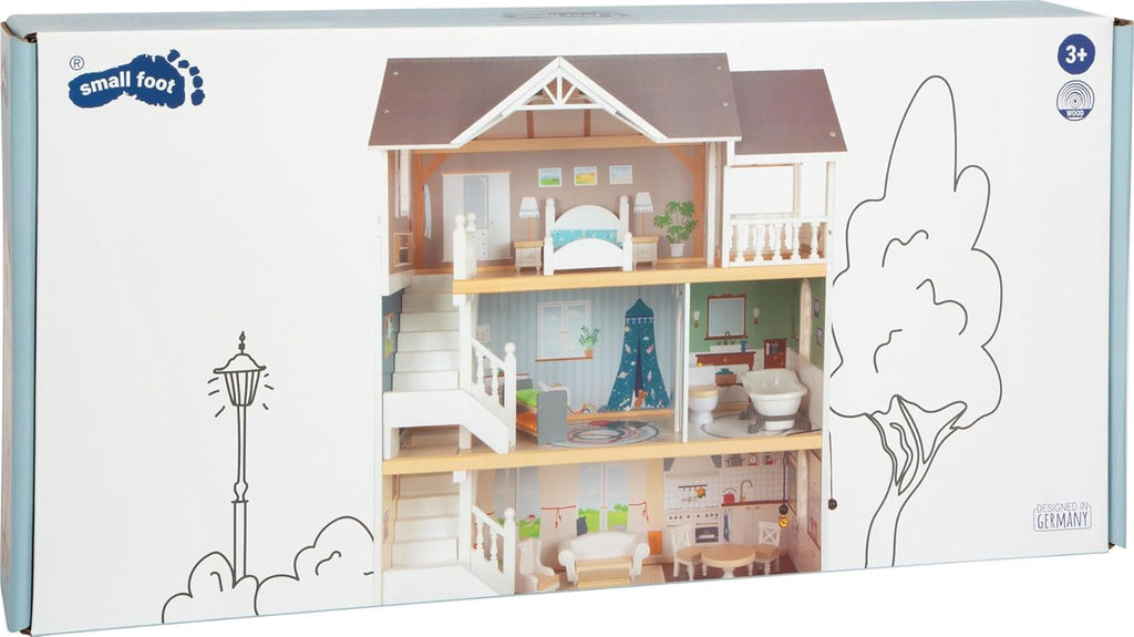 Casă de păpuși Small Foot Vilă de oraș din lemn, cu 3 etaje, față deschisă și 12 mobilier, pentru copii de la 3 ani, 11802, alb gri Casute de papusi Naty Shop