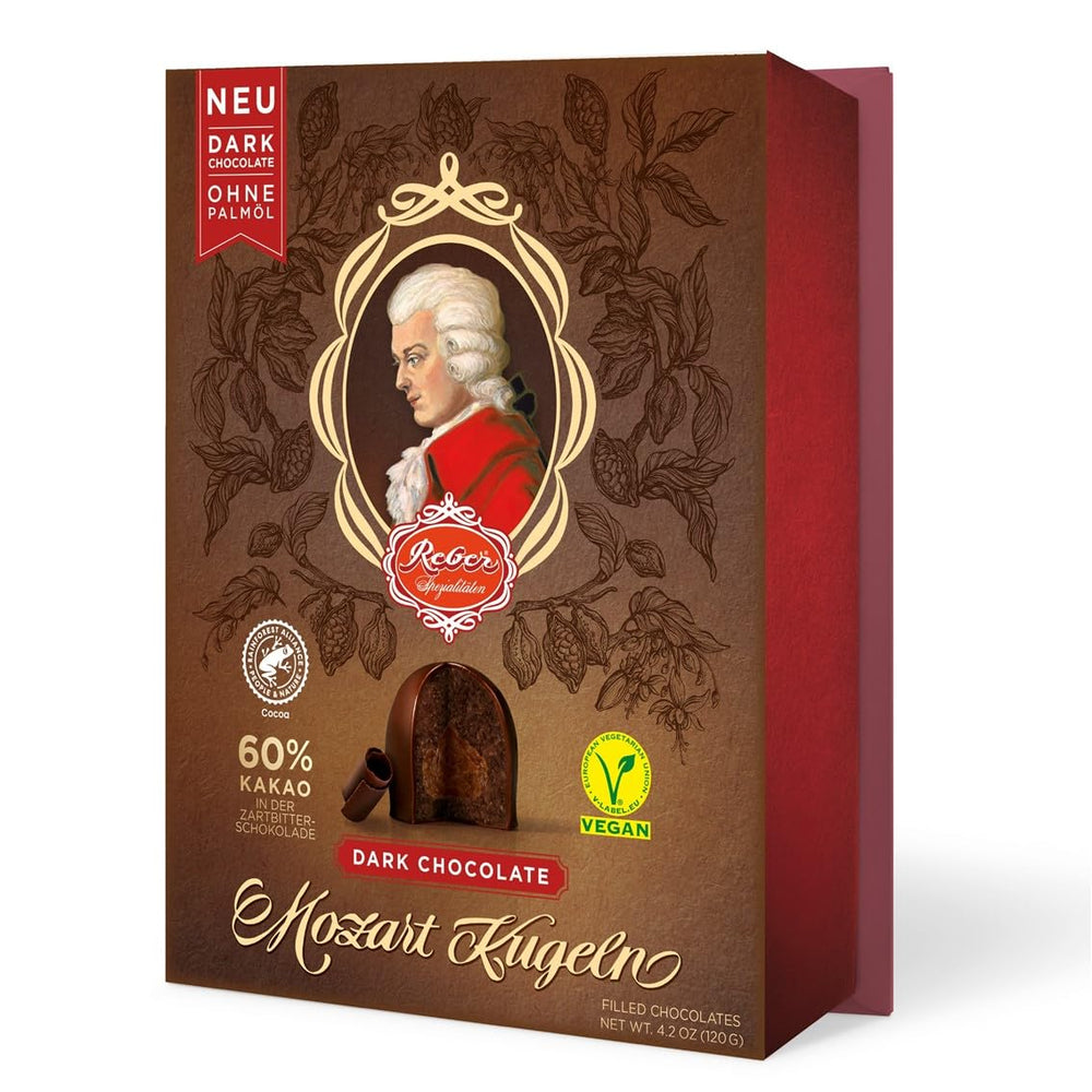 Reber Mozartkugeln mit Zartbitterschokolade, 6er Pack mit Marzipan und Nougat, vegan – 1 x 120 g