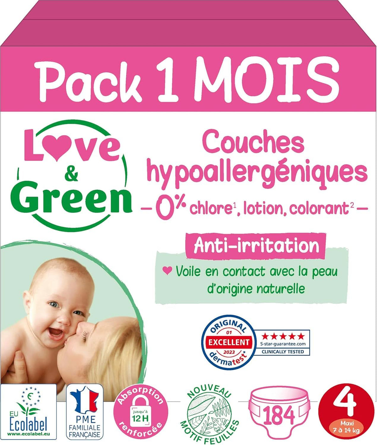 Love & Green, chlorfreie Windeln, Packung für 1 Monat, Größe 4 Mutter und Kind Naty Shop