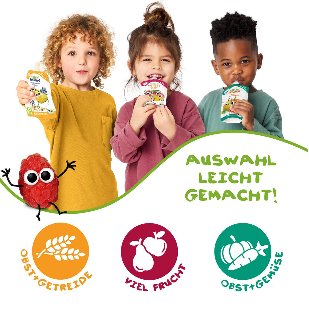 FRECHE FREUNDE Bio-Quetsch-Früchtebeutel mit Äpfeln, Erdbeeren, Roter Bete und Karotte, Obst- und Gemüsepüree im Quetschbeutel für Babys ab 6 Monaten, vegan, 6er-Pack (6 x 100 g)