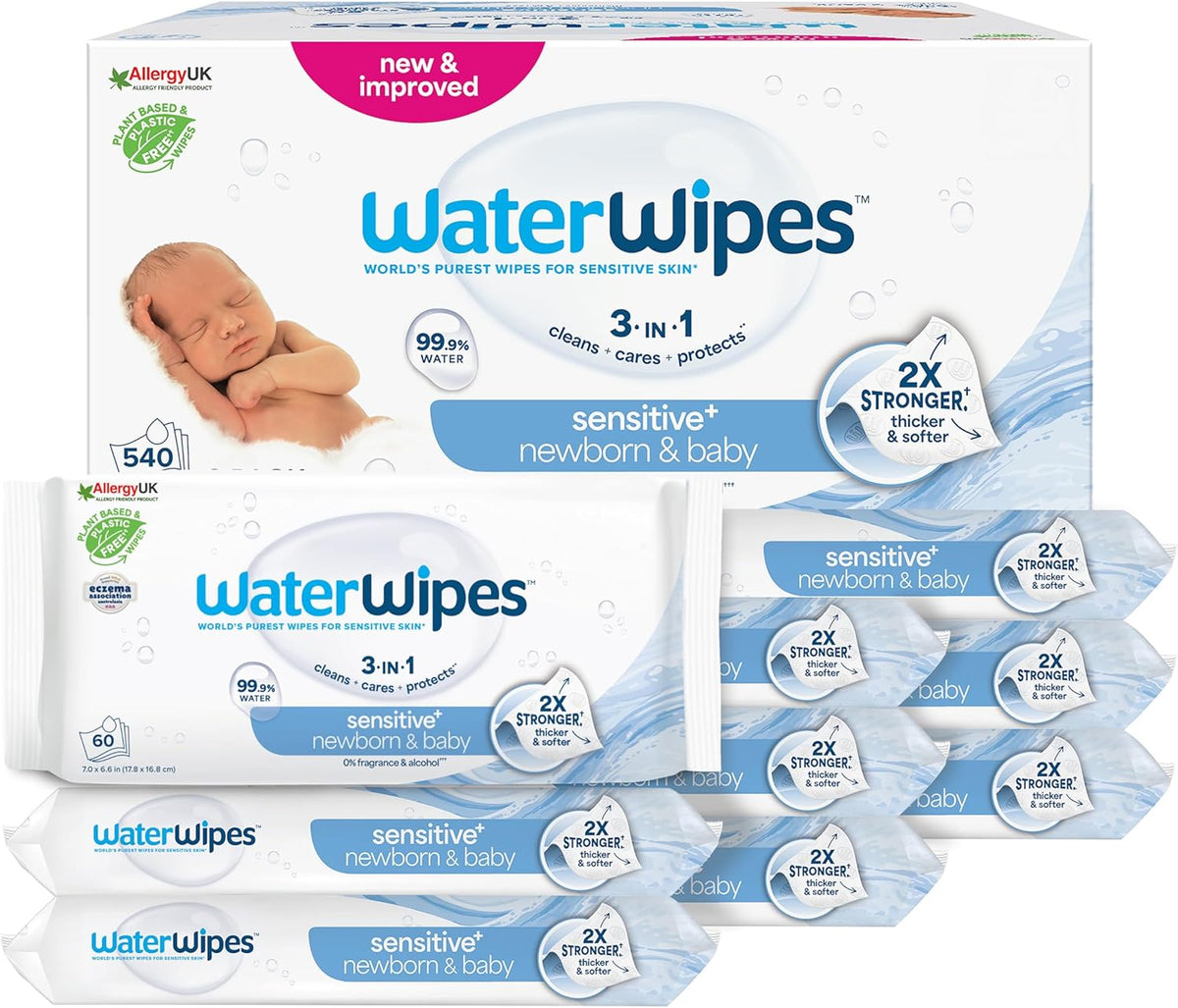 WaterWipes Sensitive+ Feuchttücher für Neugeborene und Babys, 540 Stück (9 Packungen), 3-in-1 Reinigung, Pflege, Schutz, 99,9 % Wasser, parfümfrei
