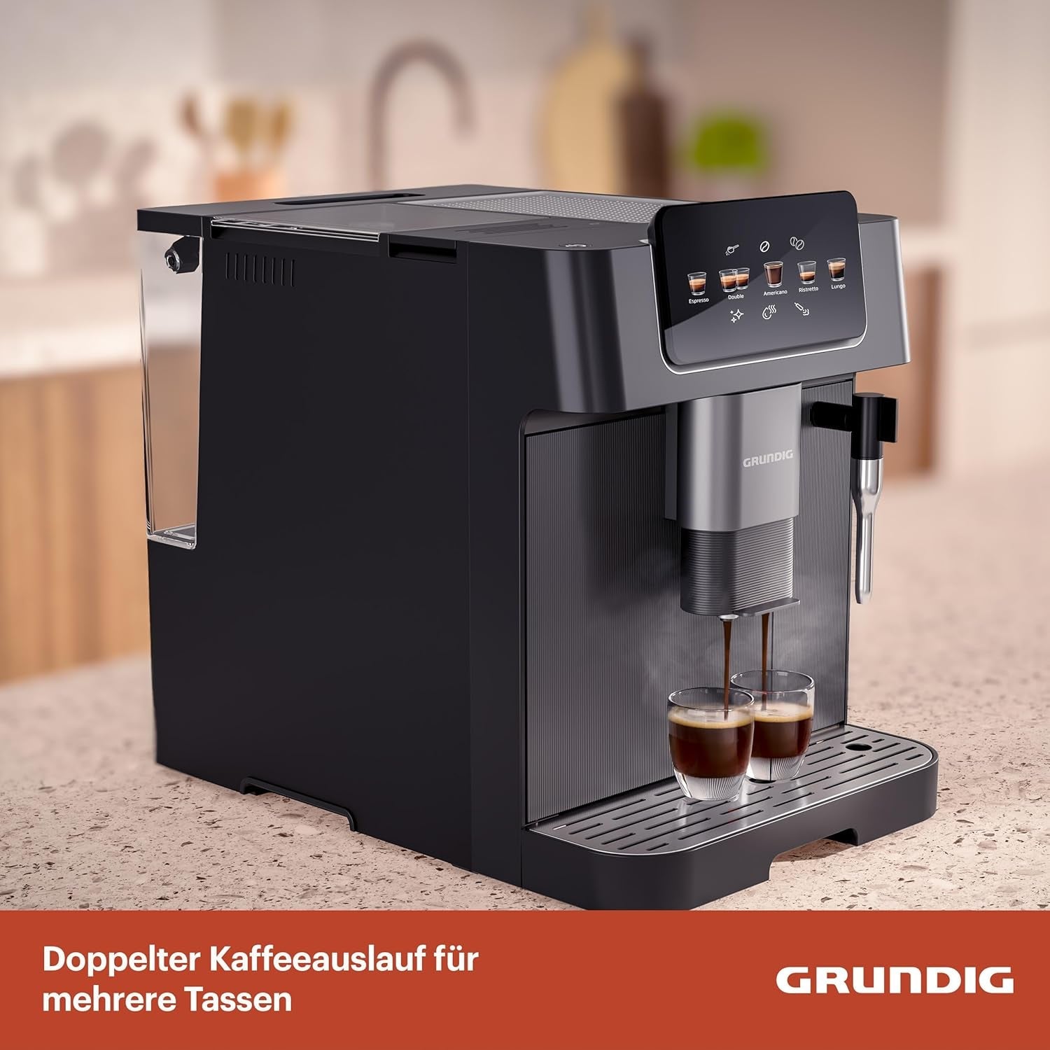 Espressor complet automat GRUNDIG KVA 6230 cu spumator de lapte, râșniță din oțel inoxidabil cu 13 setări de măcinare, recipient boabe 250 g, rezervor de apă detașabil de 2 litri, presiune pompă 19 bar, afișaj tactil, negru