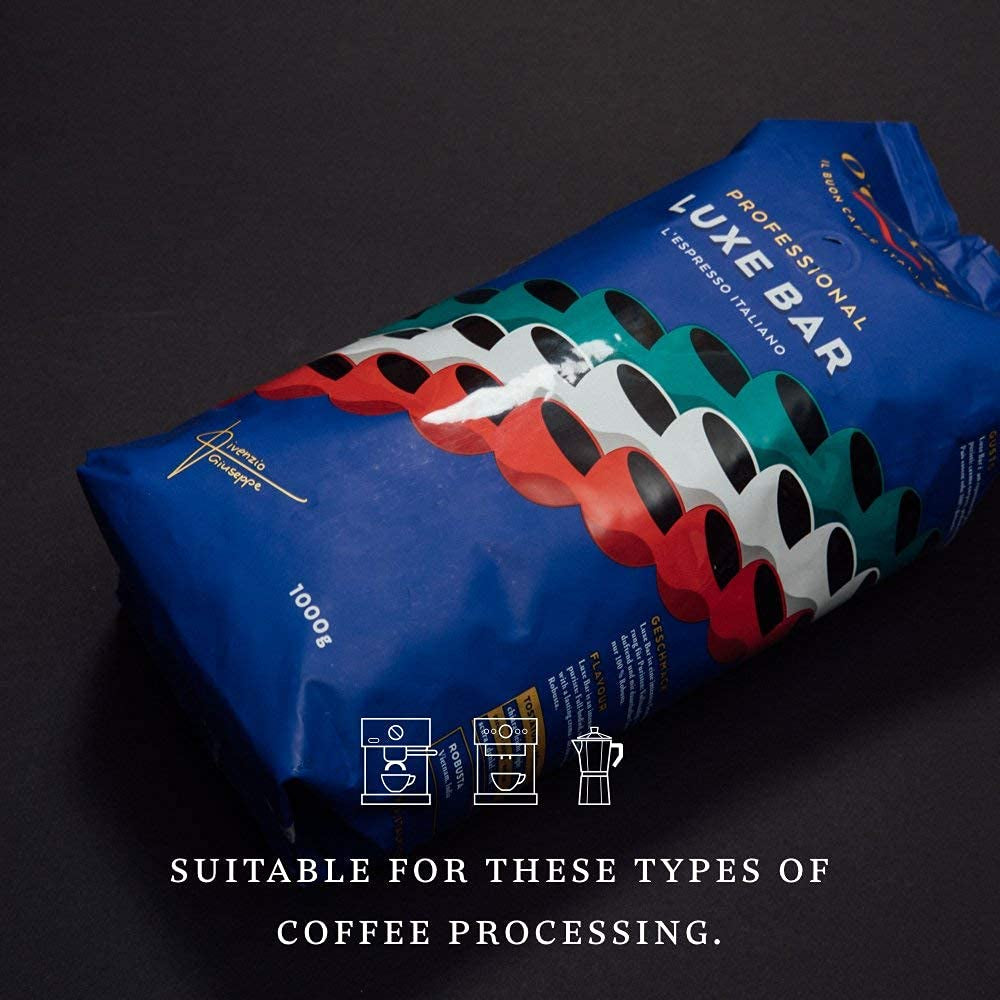 O'CCAFF? Luxe Bar Intenso Espresso | 3 boabe întregi de 1 kg, fabricate din 100% Robusta | Cafea obținută printr-un proces de prăjire extra lent în tambur, de la o afacere de familie italiană