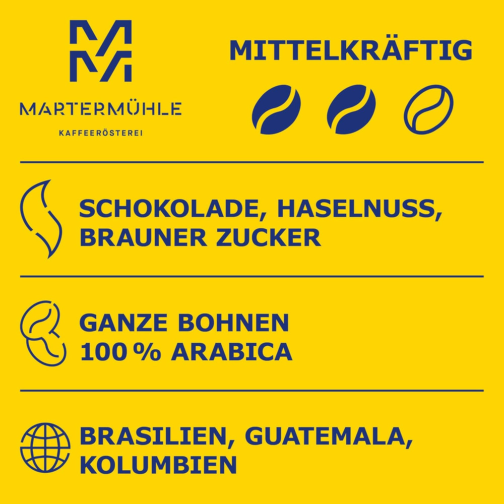 Martermühle Café Crème Kaffeebohnen 500g mittelkräftig I Arabica I Aromen: Brauner Zucker, Haselnuss, Schokolade I Ganze Kaffeebohnen schonend geröstet, säurearm
