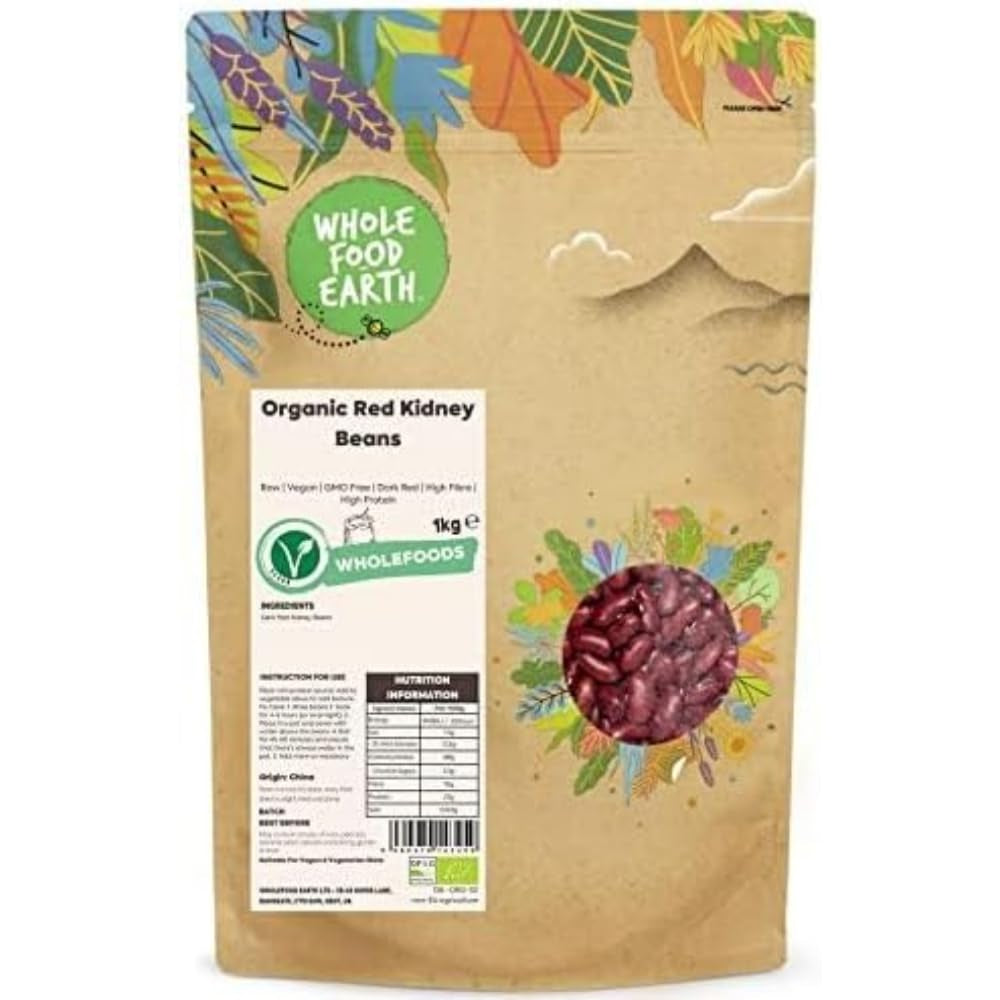Rote Bohnen Wholefood Earth Bio 1kg Roh | Vegan | GVO-frei | Dunkelrot | Reich an Ballaststoffen | Reich an Protein | Bio-zertifiziert