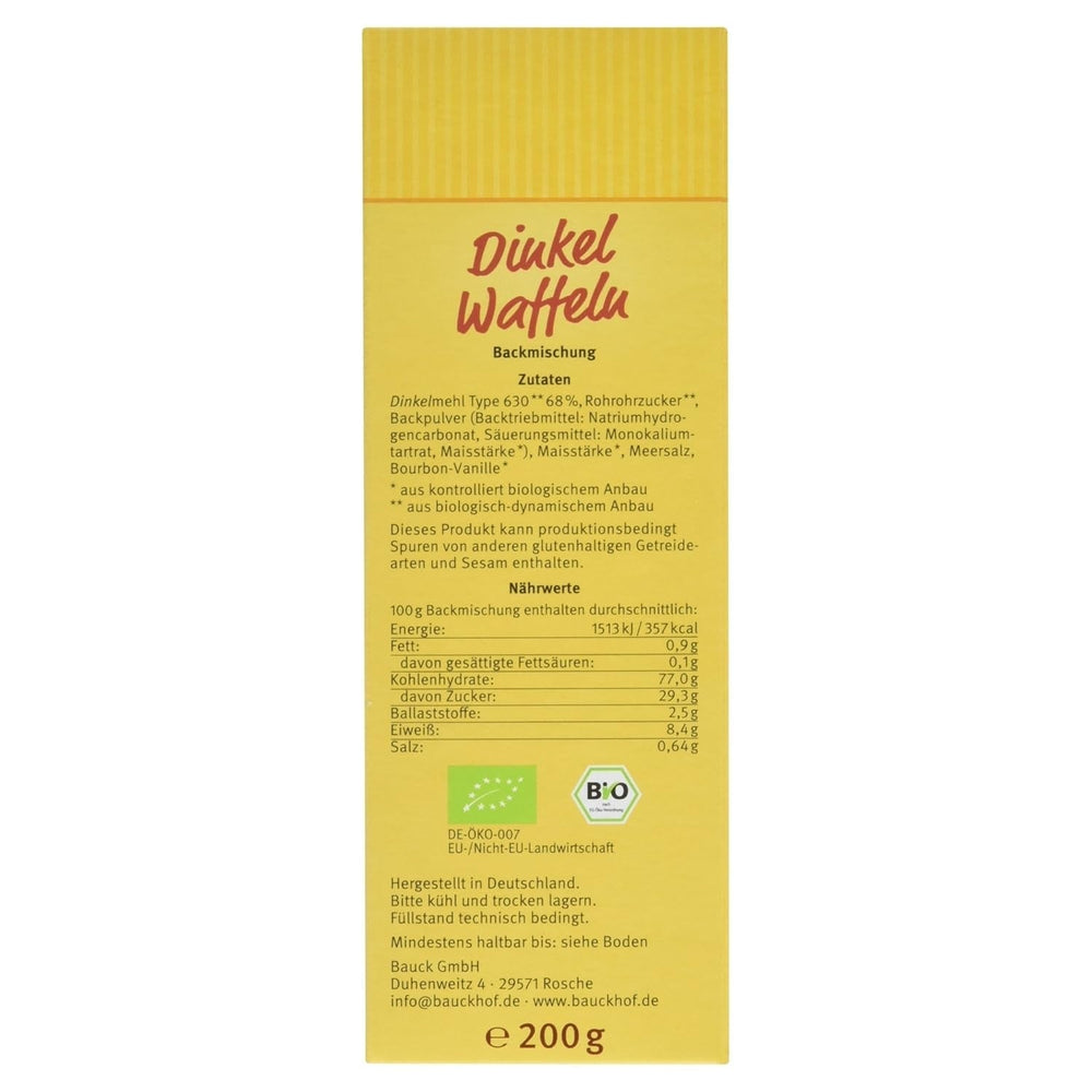 Demeter Bauck Hof Bio Dinkel Waffeln, 200 g Mischung zum Backen und Kochen Naty Shop