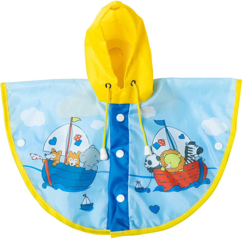 Heless 2172 - Regencape für Puppen im Design Segelfreunde, wasserabweisend, Größe 35-45 cm, Hellblau, Gelb