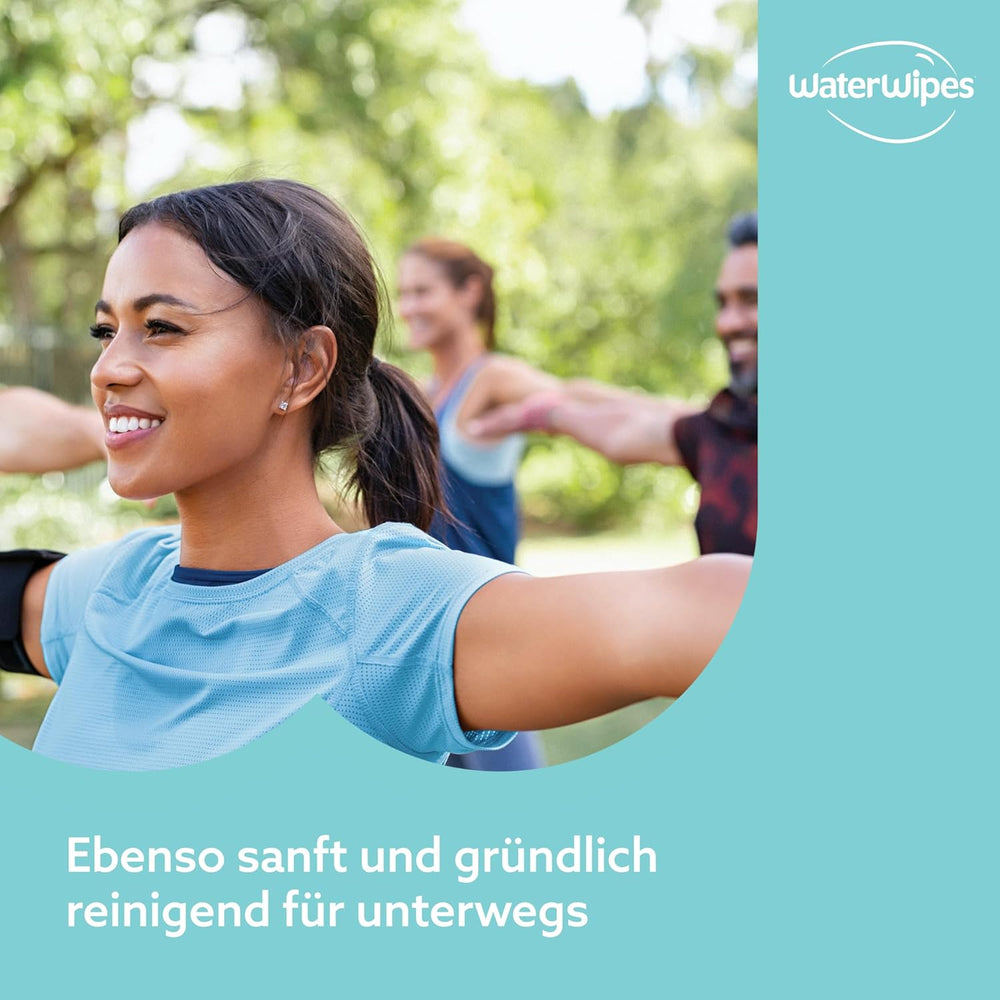 WaterWipes Sensitive+ Feuchttücher für unterwegs, 100 Tücher (10er-Pack), 3-in-1 reinigt, pflegt, schützt, 99,9 % Wasser, parfümfreie Tücher