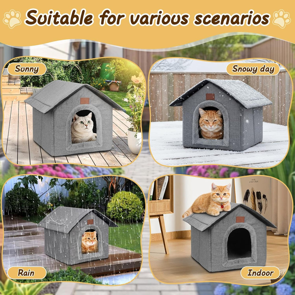 Katzenhaus Outdoor Winterfest, Katzenhöhle, Hundehöhle mit Abnehmbarem Plüschkissen, Wasserdicht Wetterfester, Hundehütte Indoor, Hundehaus für Drinnen/Indoor 35x30x35cm (Grau, S)