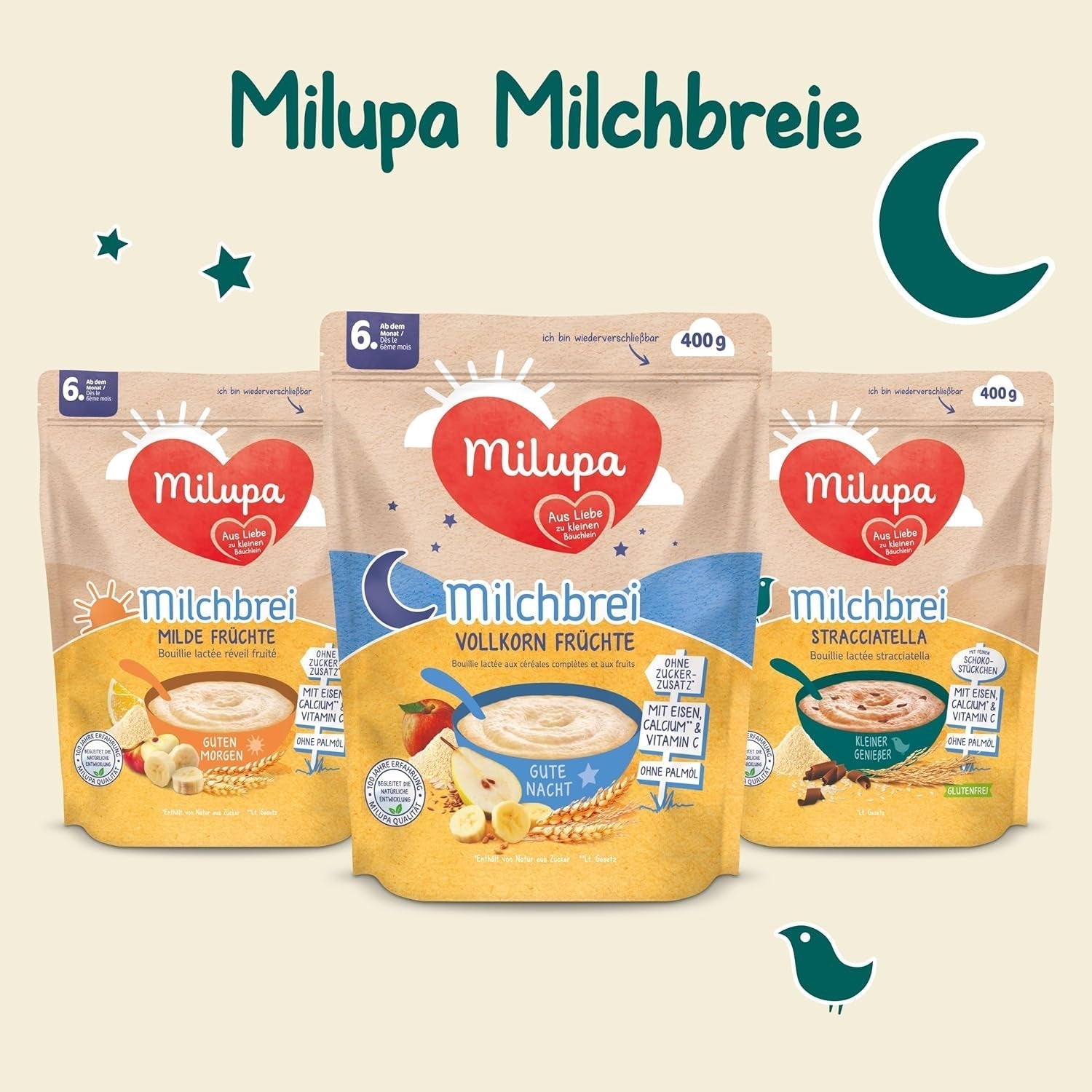 Milupa Milk Porridge Wholemeal Fruits - Terci pentru copii fără ulei de palmier, de la 6 luni - 4 X 400 G (pachet de 2) Mama si Copilul Naty Shop