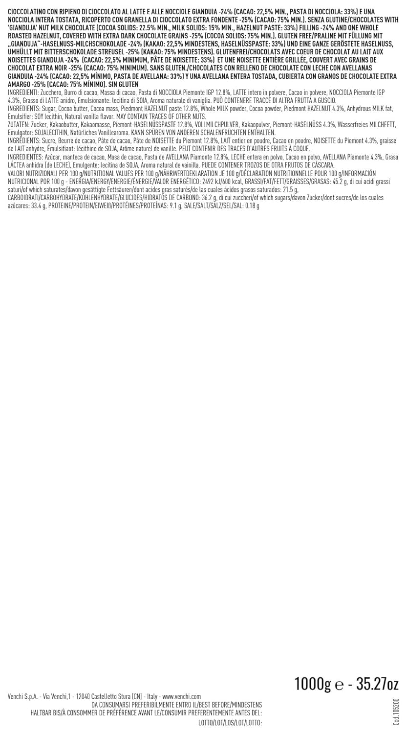 Venchi – Chocoviar Gianduia, Pralinen im 1-kg-Beutel, Gianduia-Schokolade ausschließlich aus „Piemont-Wald-Haselnüssen“ hergestellt, glutenfrei, ohne künstliche Farbstoffe und ohne Konservierungsstoffe