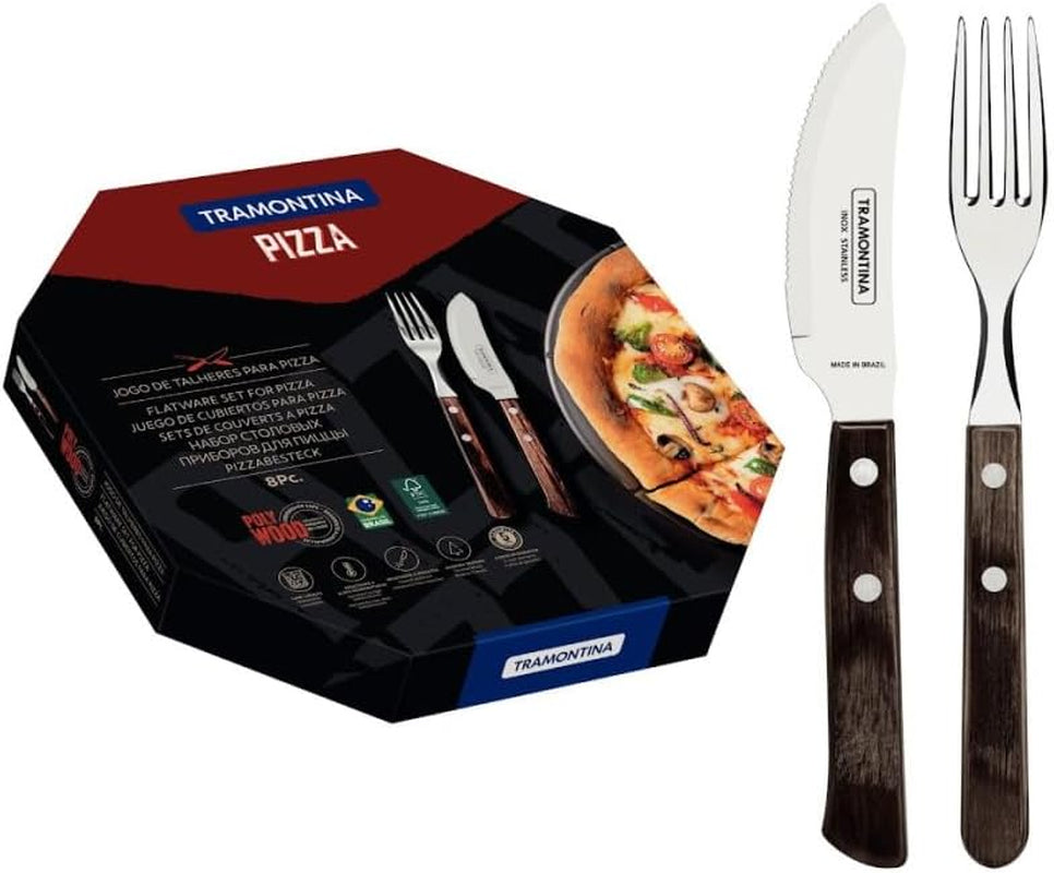 Tramontina PIZZA Besteck, 8-Tlg Set, Für 4 Personen, Rostfreier Edelstahl, Fsc-Zertifizierte Holzgriffe, Spülmaschinenfest Bucatarie Naty Shop