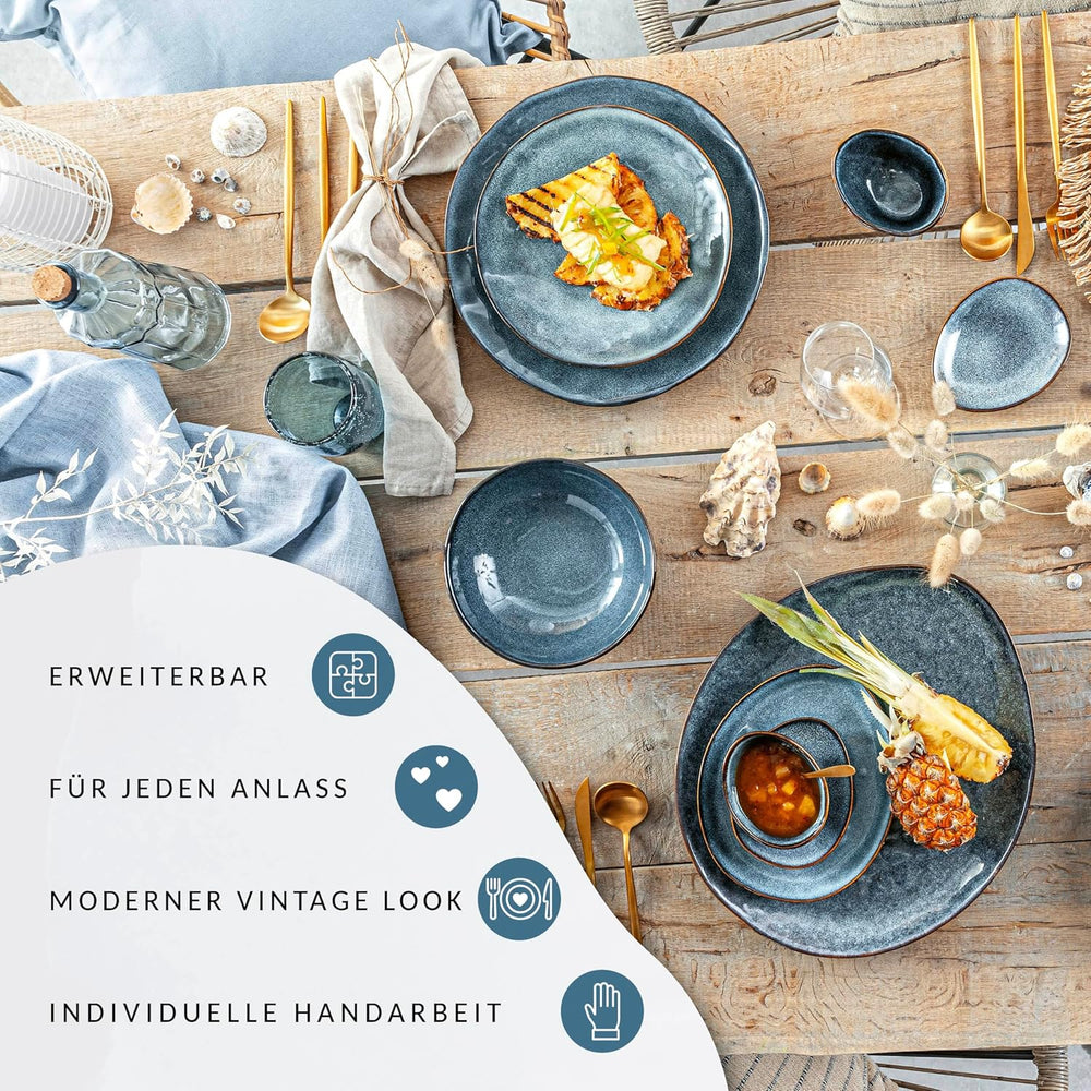 SÄNGER | Set de veselă Darwin cu 12 piese, set de veselă din gresie pentru 4 persoane, set de farfurii albastre care include farfurii de cină, farfurii de desert și farfurii de supă, set de veselă lucrat manual | COLECȚIA PREMIUM