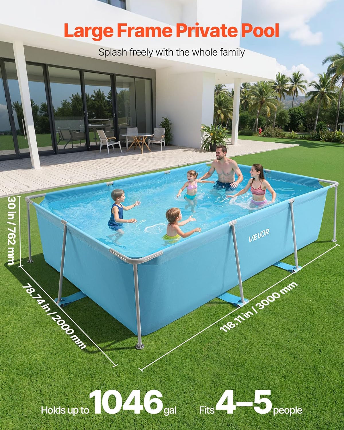 VEVOR Rahmenpool, oberirdischer Pool, 3000 x 2000 x 762 mm, Stahlrahmenpool, rechteckiger Stahlrahmenpool, Gartenrahmenpool, 3960 l Wasserkapazität, Gartenpool für 4–5 Personen, Blau