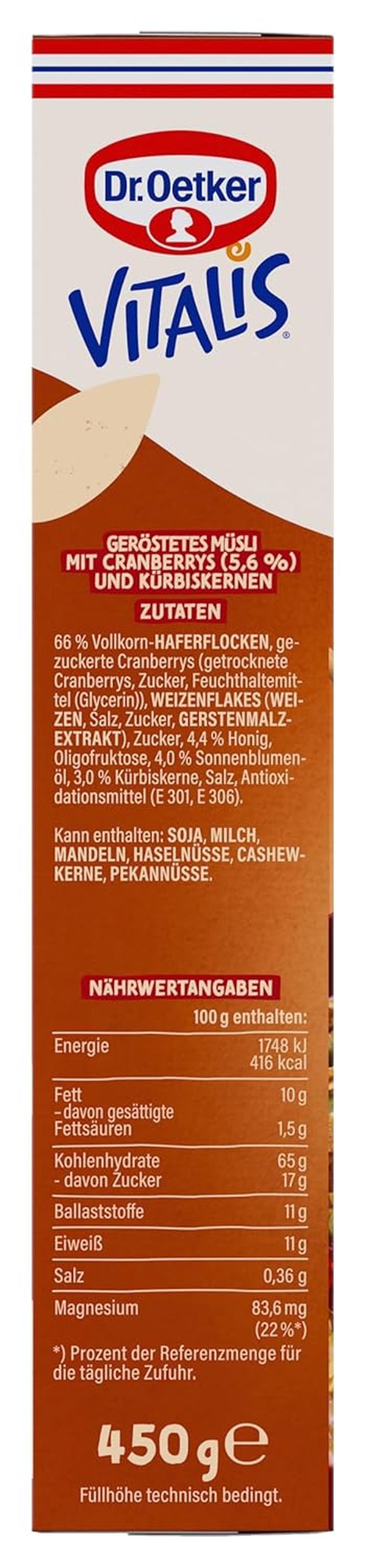 Dr. Oetker Vitalis Röstmüsli mit Cranberries und Kürbiskernen: Röstmüsli mit getrockneten Cranberries, 8er Pack (8 x 501g)